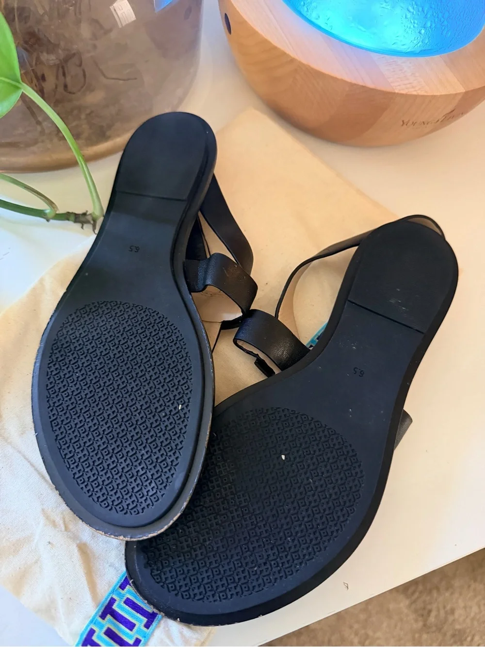 Tory Burch Black Sandals with Gold Logo Accent